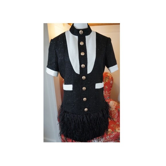 Dresses & Skirts - Tuxedo Style Sparkle Tweed Mini Dress with Fringe Feather Hem Sz M (6/8)
